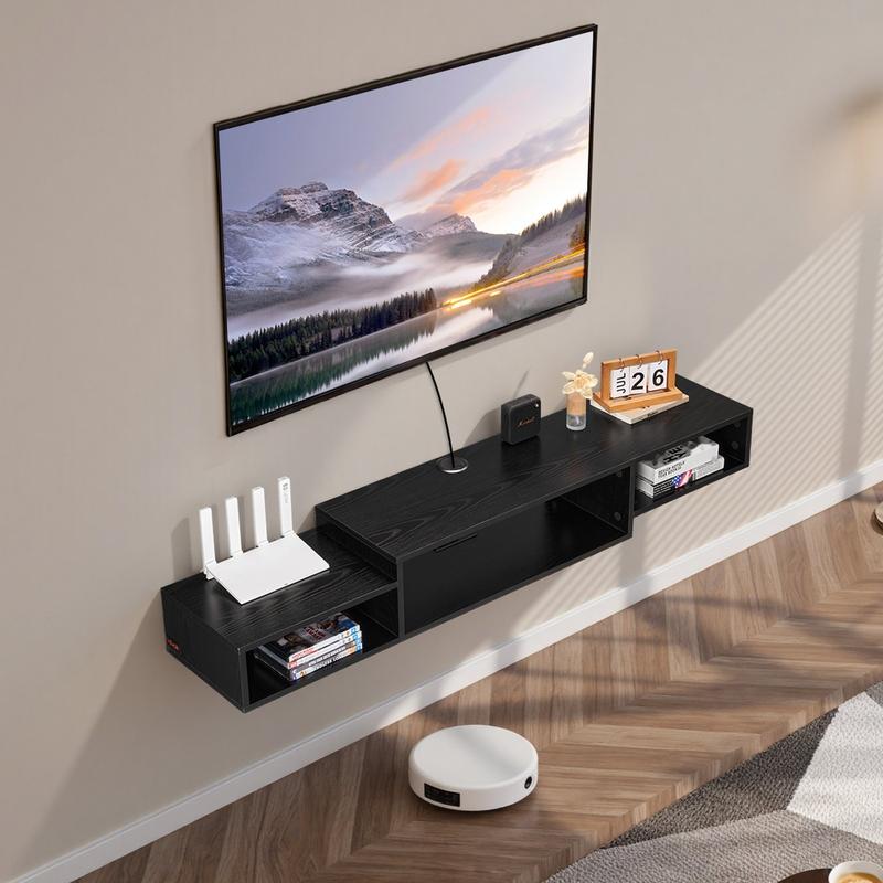 Floating TV Stand And 59-Inch Wall Mount Entertainment Center With Power Outlet And Cable Hole, Modern Floating TV Shelf With Built-In Storage Cabinet For DVD Player, Cable Box, Game Console, AV Equipment, Black
