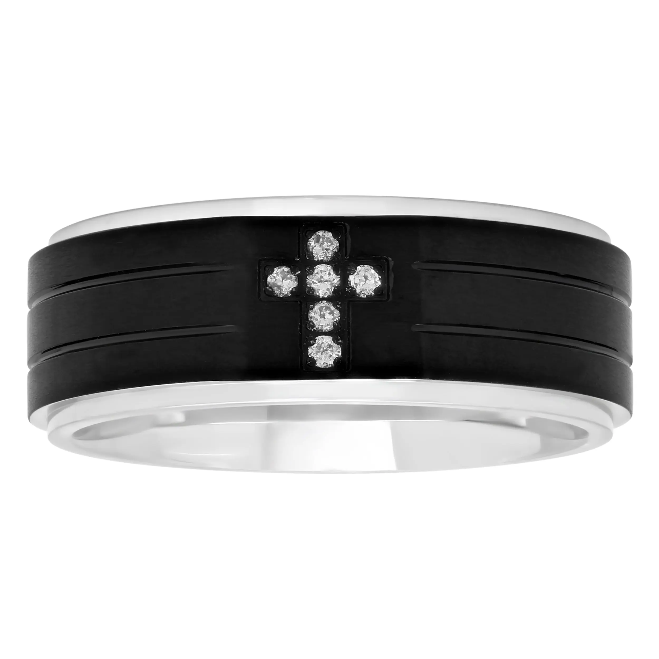Men's Tungsten 1/20 CTW Diamond Polished Band Ring - 8mm, Black or Gray Finish, Diamonds Set in a Refined Cross Pattern, Grooved Detailing, Smooth Comfort-Fit Interior, Bold Modern Band Rings for Everyday Wear