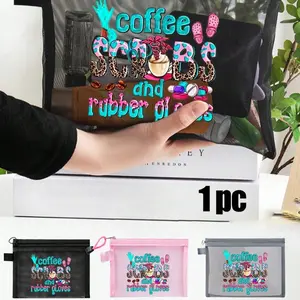 Mesh Makeup Bag with Coffee Milk Tea Pattern, Portable Cushion Storage, Essential Travel Accessories for Girls, Ideal Gift for Weddings and Birthdays