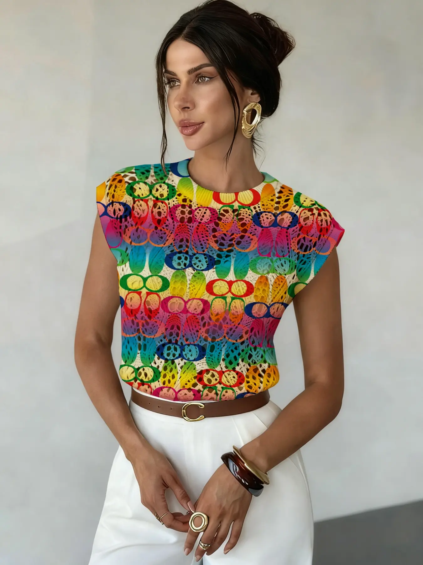 Geometric Gradient Print Round Neck Sweater, Casual Sleeveless Knitwear, Colorblock Knit Top for Spring Summer Fall, Comfortable Warm Women's Clothing