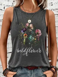 Women's Sleeveless Vest, Boho Floral Print, Casual Round Neck Top, All Seasons, Loose Fit, Non-Transparent Fabric