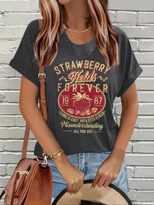 Women's Strawberry & Letter Print Round Neck Tee, Vintage Trendy Casual Short Sleeve T-shirt for Daily Wear, Ladies Summer Outfit, Top