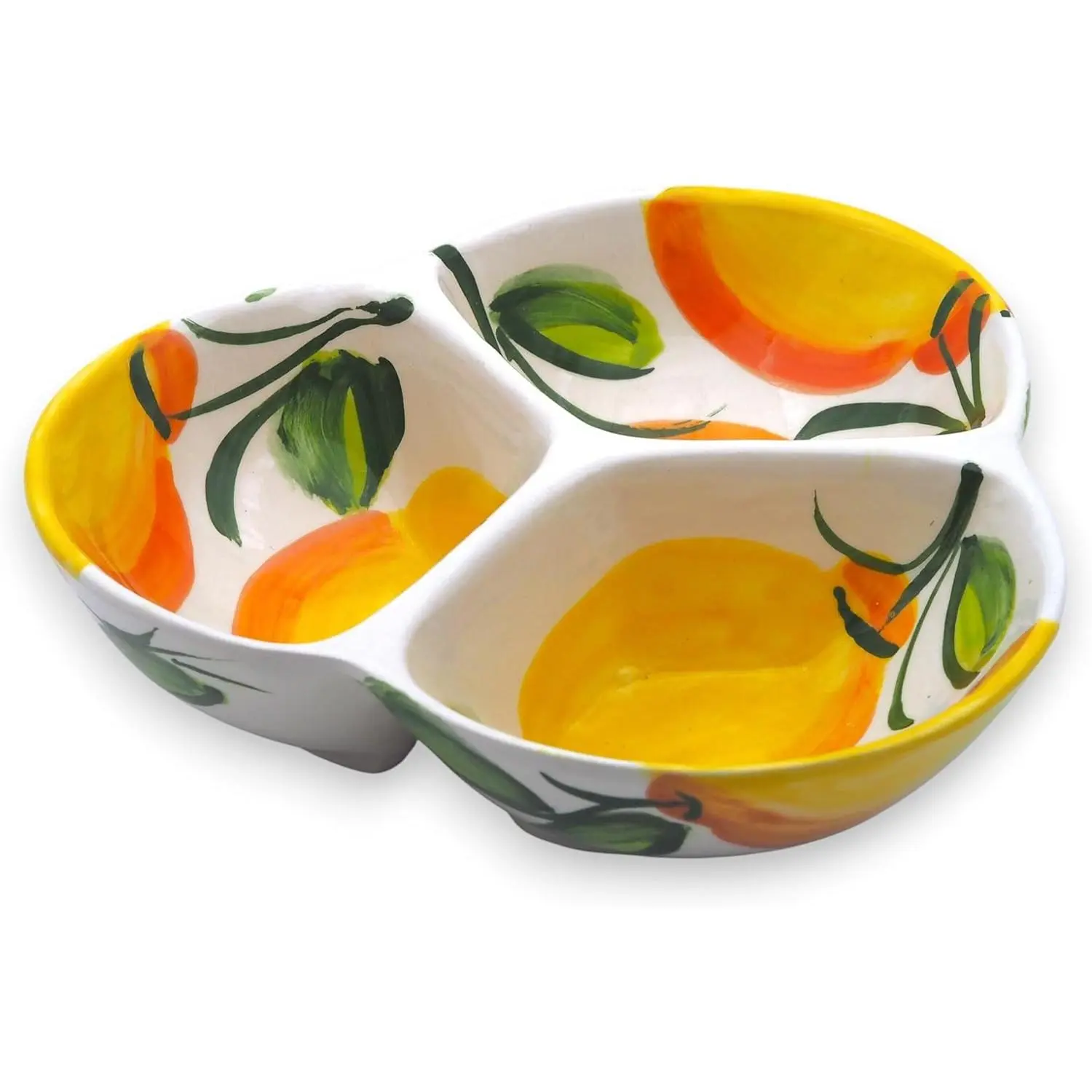 Ceramic Chip & Dip Bowl 7.5", 3-Compartment Divided Serving Dish & Condiment Tray for Appetizers Handmade in Spain, Lead-Free Glaze, Microwave, Oven & Dishwasher Safe