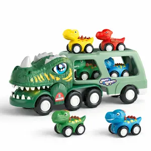 Dinosaur Transport Truck Toy with 4 Mini Pull Back Cars Light and Sound Friction Powered Dino Carrier for Kids
