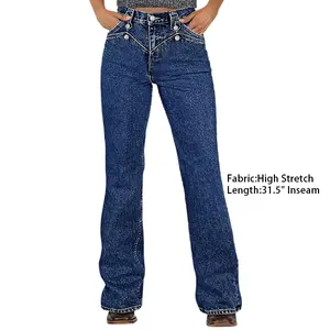Flamingals Women's High-Rise Bootcut Jeans, Stretch Denim with Wash Button Decor, Womenswear Bottoms