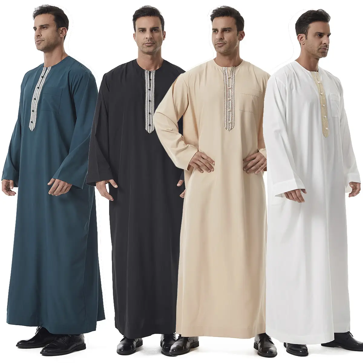 Elegant Middle Eastern Mens Robe Dubai Arabic Long Sleeve Embroidered Trim Round Neck Plain Color Muslim Ethnic Clothing mens thobe menabaya