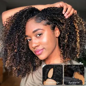 【LIVE Sale】Nadula EasiContour V Part Brown Highlights with Dark Roots Jerry Curly Drawstring Wig 180% Density Protect Your Natural Hair TikTokShopSpringGlowUp Greenish