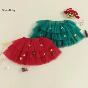 Toddler Girl's Christmas Tulle Skirt, A-Line Tiered Party Skirt Decorated with Colorful Plush Pompoms and Bow, 1 X Girl's Tulle Skirt, 18 - 24 Months
