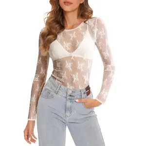 Womens Lace Sheer Long Sleeve Slimming Tops, Crew Neck Embroidery Mesh Sheer Blouse With Ruffle Detail, Sexy See Through Outfits Party Lace Shirts