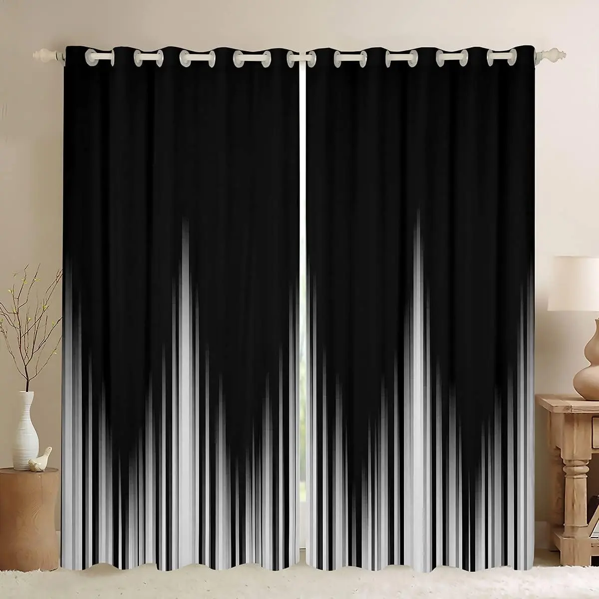 Feelyou Velvet Fabric Finished Curtains - 2 Panels, 42x84 in, 30%-50% Light Blocking Light Filter, Grommet Window Drapes, Privacy Treatments, Dark Abstract Gradient Stripe Blocking, Blackout Curtain Slider, Finished Curtain, Soft Touch