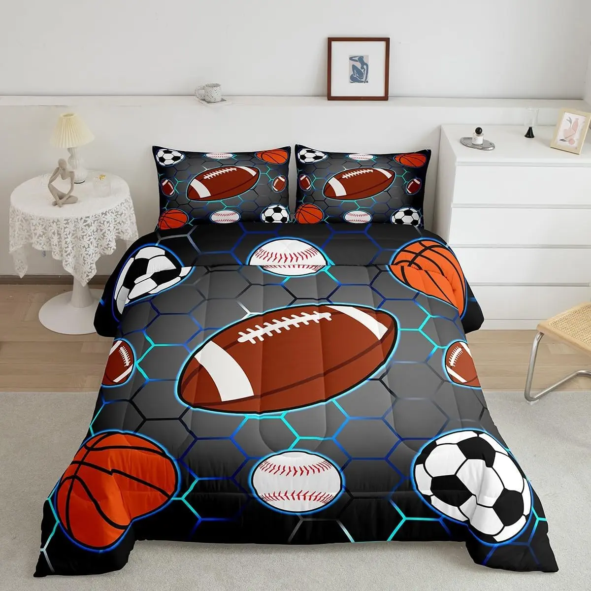Feelyou Sports Theme Decorative Bedding Set - Football Designer Comforter, Basketball Comforter, Baseball Honeycomb Luxury Quilt, Rugby Breathable Quilt for Bedroom Home Decor, Breathable Quilt Set