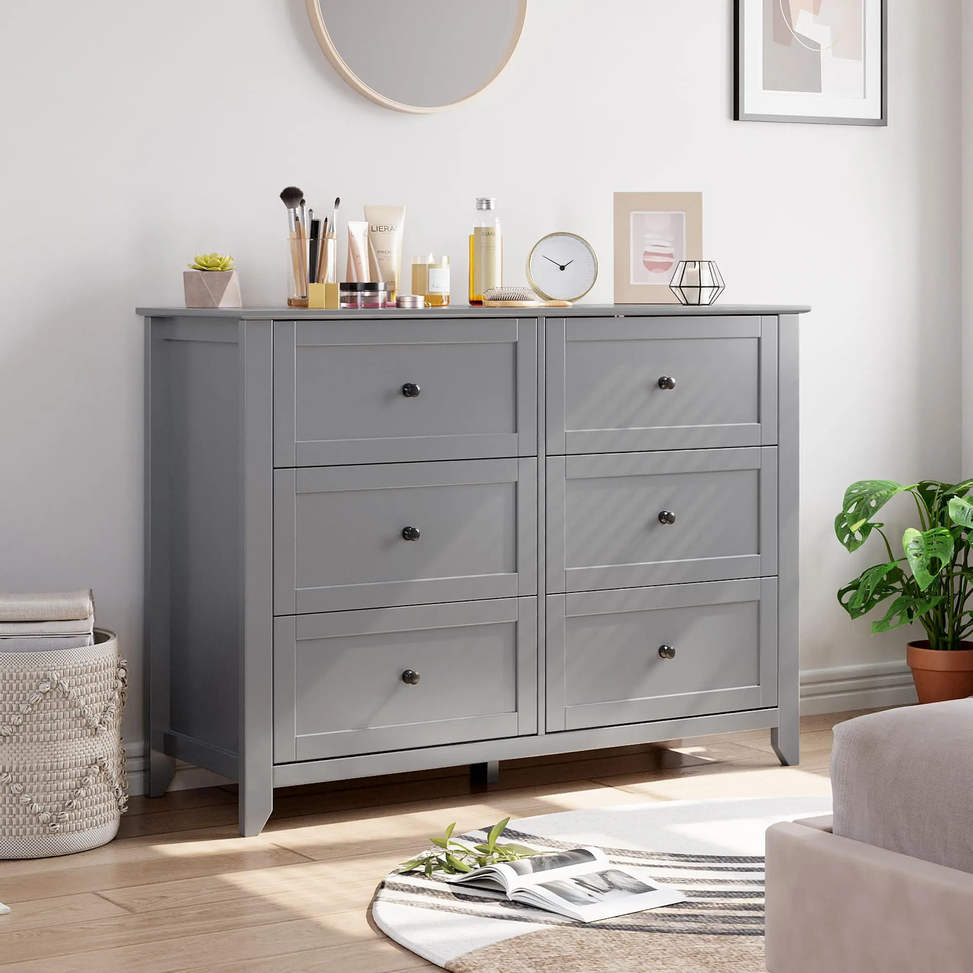 Grey 6 Chest of Drawer Dresser, Modern Dresser with Deep Drawers and Nickel Round Handle, Wood Organizer Storage Cabinet for Bedroom, Living Room
