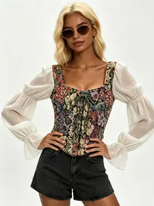 A women's fashion French retro oil painting-style waist-belted top with a tie design, featuring patchwork flared sleeves and a chic blouse, perfect for summer, suitable for art exhibitions, book clubs, exploring ancient towns, dates, and commuting.