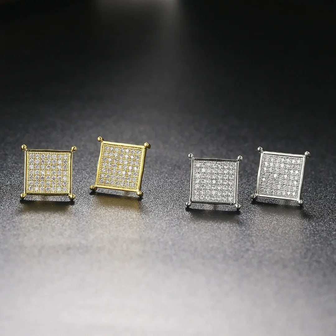 18 Karat Layered Real Gold-Filled Square Iced-Out Pave Setting Screwback Earrings, High Quality Men's Unisex Daily Wear Costume Jewelry, #25 Fashion Accessory, High Quality Earrings, Men's Earrings