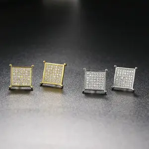 18k Layered Real Gold Filled Square icedout pave settings screwback earrings hip hop #25