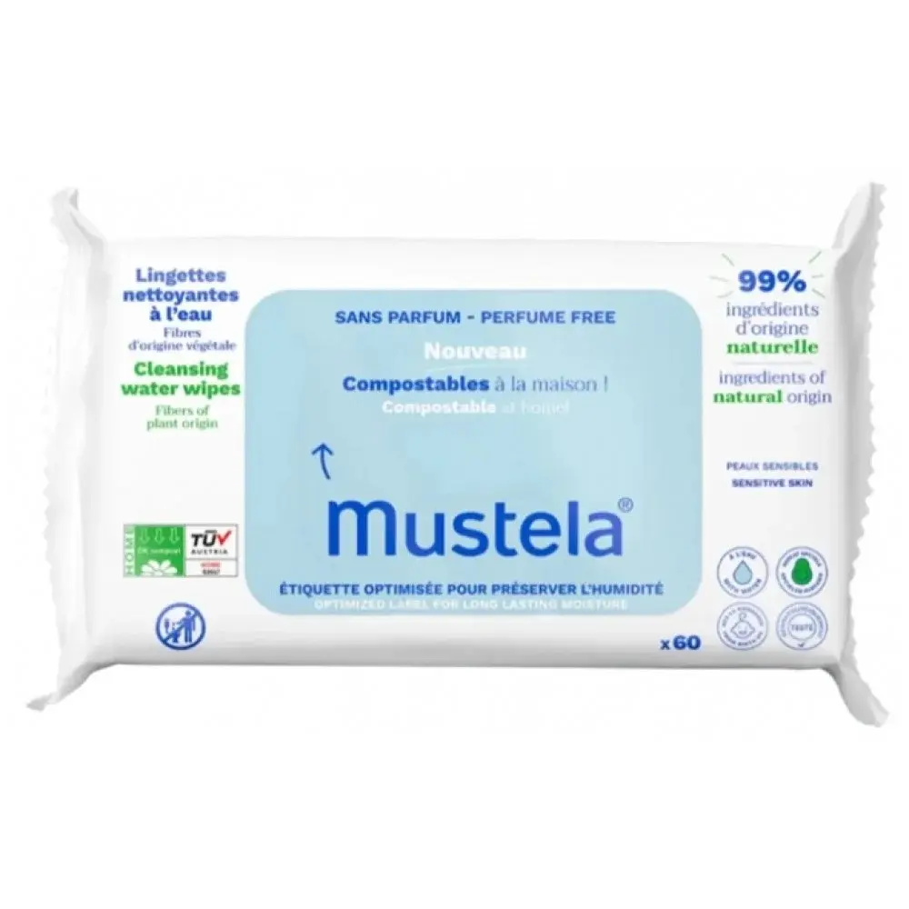 Mustela Compostable Unscented Cleansing Wipes 60 Wipes - Perfume Free & 99% Natural Ingredients for Sensitive Skin