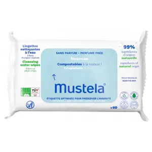 Mustela Compostable Unscented Cleansing Wipes 60 Wipes - Perfume Free & 99% Natural Ingredients for Sensitive Skin