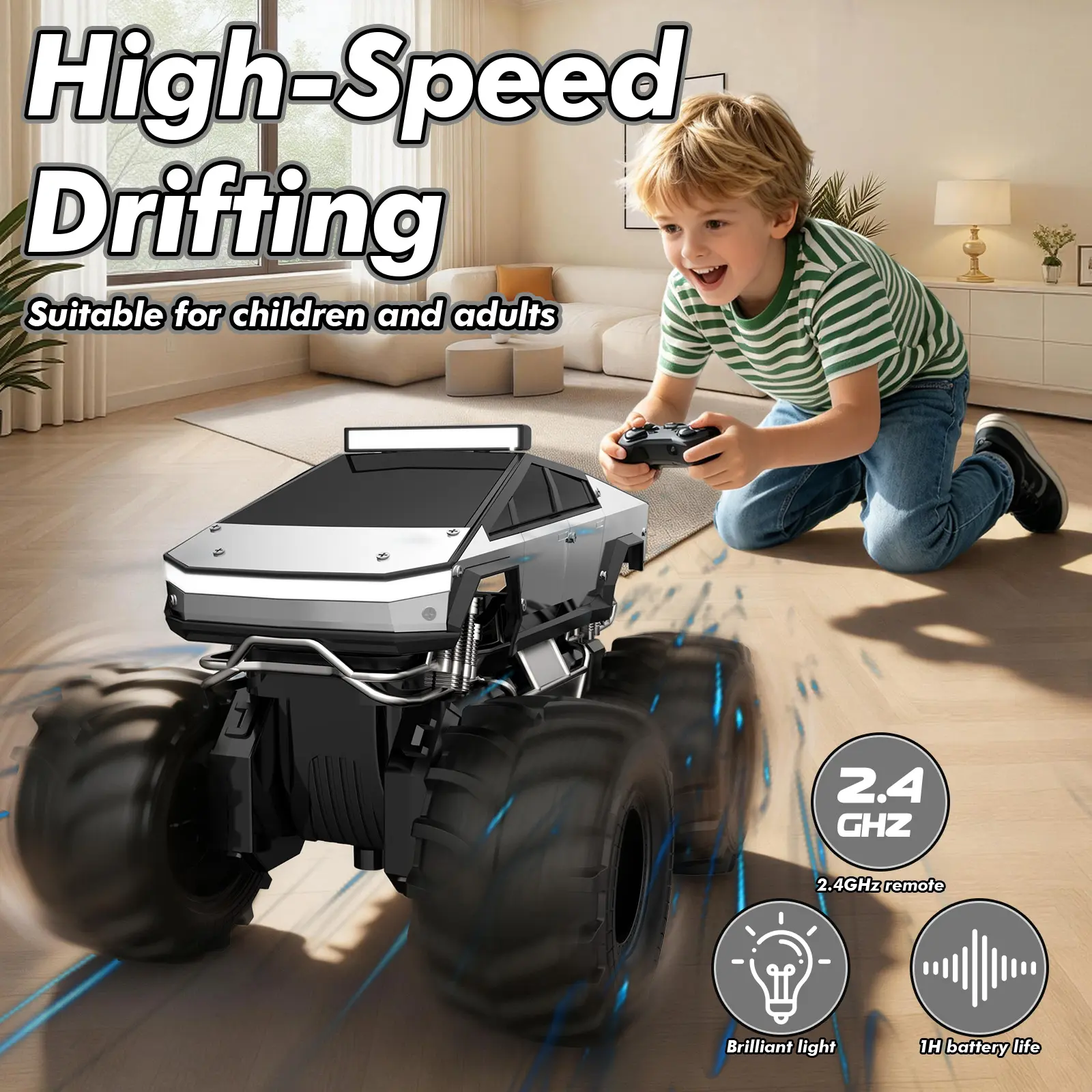 RC Pickup Truck 1:18 Scale, 4WD Waterproof Off-Road Car with LED Lights, 2.4GHz Remote Control Drift Car Toy for Kids Boys & Girls 6+,Amphibious Car