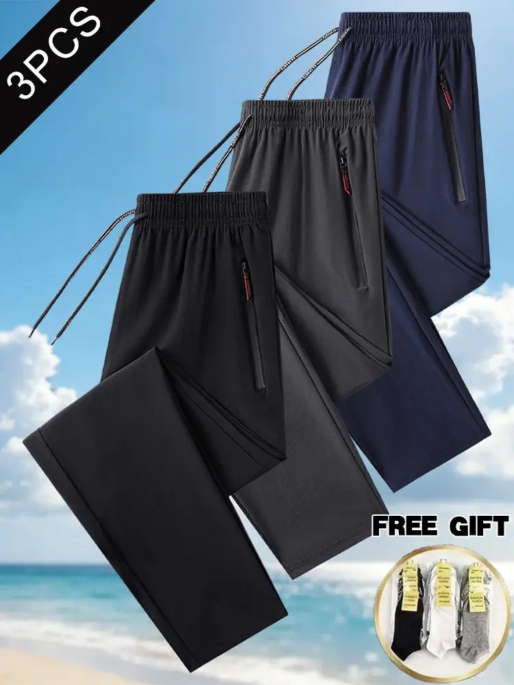 3pcs men’s regular-fit drawstring athletic pants with zippered pockets, ice silk soft breathable stretchy long pants, suitable for everyday sports, running, fitness, and outdoor activities