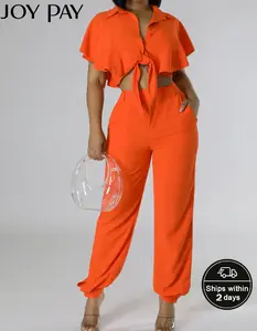 JOYPAY Chic 2 Piece Pants Set for Women Tie Front Crop Shirt with High Waist Trousers Stylish Matching Outfit for Casual or Vacation Orange Color Womenswear Clothes    HN357