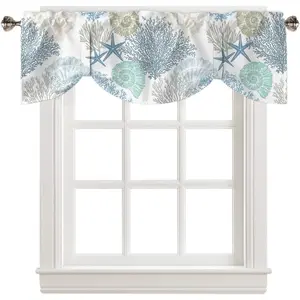 Coastal Tie Up Valance Curtains for Windows, Summer Beach Blue Teal Coral Kitchen Curtains Window Treatments, Sea Nautical Starfish Short Window Shades Valances for Bedroom Bathroom Cafe 54"x18"