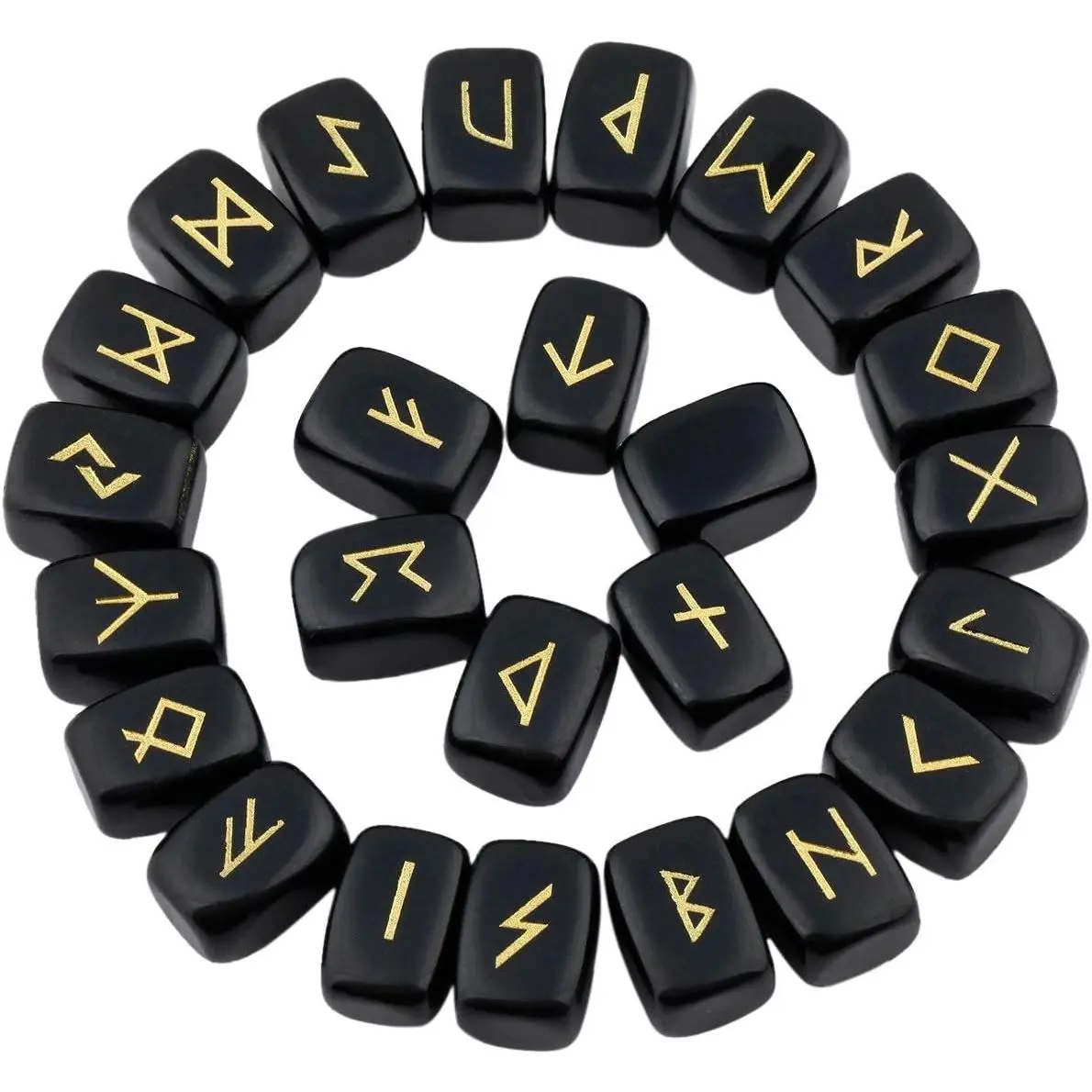 TOPFISH Black Obsidian Engraved Runestones Tumbled Stones Set - Therapeutic Chakra Healing Meditation Tool, Wiccan Decor, Natural Variance Pieces, Home Religious Decor Item, Divination Tools