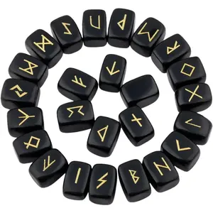 Rockcloud Black Obsidian Rune Stones Tumbled Engraved Lettering Crystal Set for Wicca Crystals Healing Chakra Reiki Healthcare Therapy