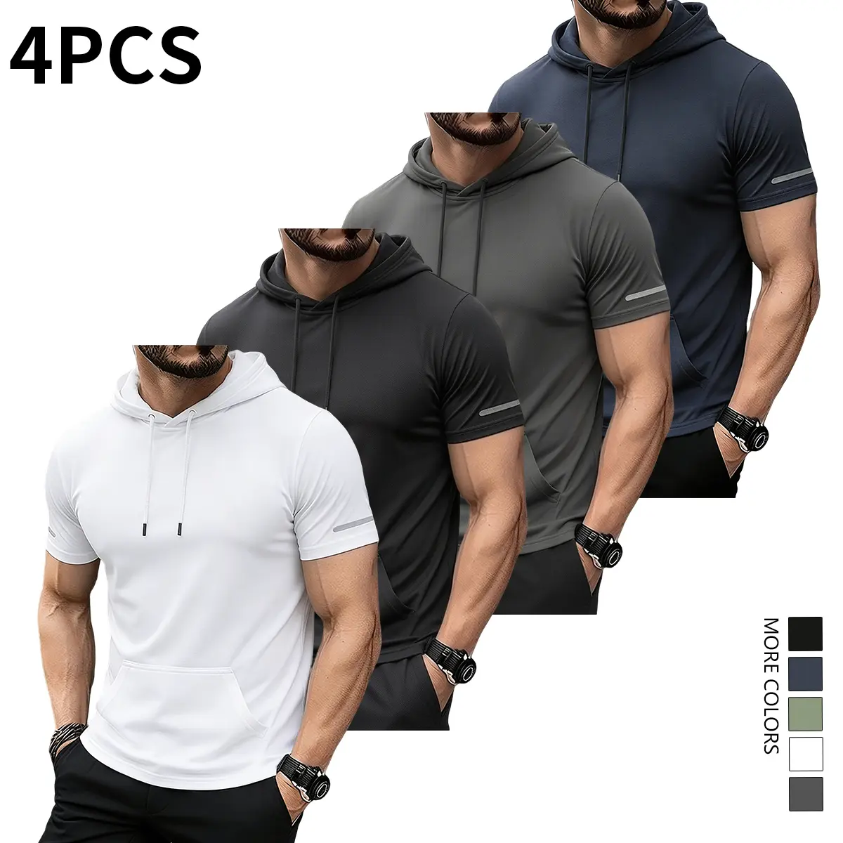 Men’s 4-piece set of stylish casual athletic hoodies—gym tops, running T-shirts, sportswear—suitable for summer gym workouts, running, training, and everyday wear.