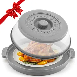 Microwave Splatter Cover for Food with Anti-scald Base Plate,Large Plastic & Silicone Vented Avoid Scalding Collapsible Guard Lid,Kitchen Essential Gadgets for Meal Prep-10.7 Inch