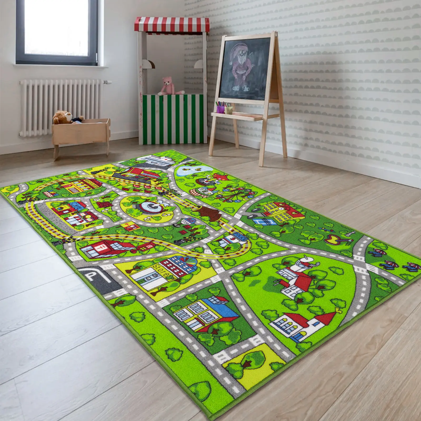 Booooom Jackson Car Play Mat, Non Slip Rug for Playroom Bedroom, Colorful Road Train Track Rug with Street, Perfect Vehicle Decor Carpet