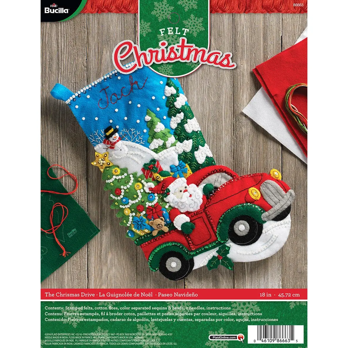 Bucilla Traditional Stamped Felt Christmas Stocking Embroidery Kit, The Christmas Drive Santa Truck Design, 18 Inches, 86663, Basic, All Ages