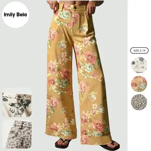 Imily Bela Women's Floral Baggy Wide Leg Jeans Casual High Waisted Boyfriend Vintage Boho Denim Pants with Pockets