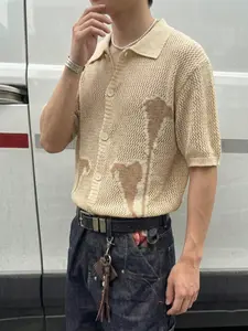 Men's Casual Loose-Fit Short Sleeve Collared Acrylic Knitted Cardigan, Lightweight Contrast Binding Design, Abstract Pattern for Spring & Summer, Knitwear