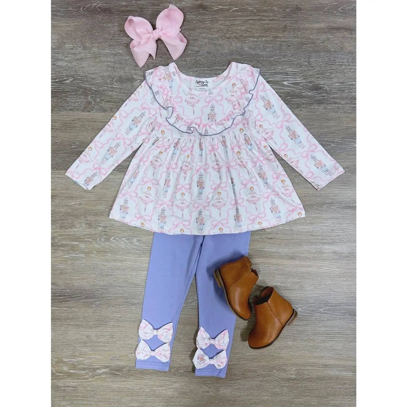Pastel Nutcracker Bow Leggings Girls or Toddler Coquette Lavender & Pink Christmas Outfit 2 Piece Set