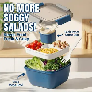 Salad Lunch Container to Go – 52-oz Leakproof Bento Box Adult Lunch Box with 3-Compartment Topping Tray & Sauce Cup – BPA-Free Meal Prep Salad Bowl for Work, Travel & Healthy Eating