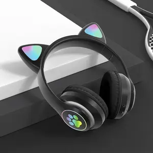 Flash Lamp Cute Cat Ears Headphone Bluetooth5.0 Stereo With Mic Support TF Card Wireless Kids Girl  Birthday Gift ANC Noise Cancelling Bluetooth