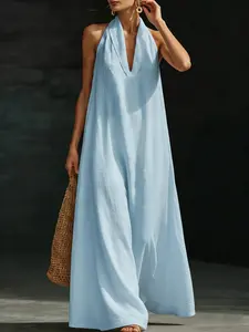 2026 Summer New Women's Casual Long Dress, Solid Color V-Neck Lady Dress, Fashionable and Comfortable, Perfect for Daily Wear