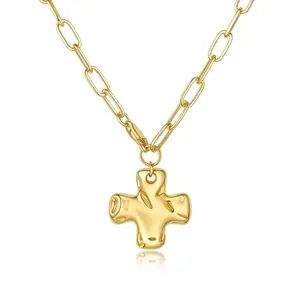 14k Chunky Gold Necklace for Women Sweatproof, Non Tarnish Chunky Cross Necklaces Thick Gold Layering Hammered Bold Necklace Stacks Toggle Necklaces for Women