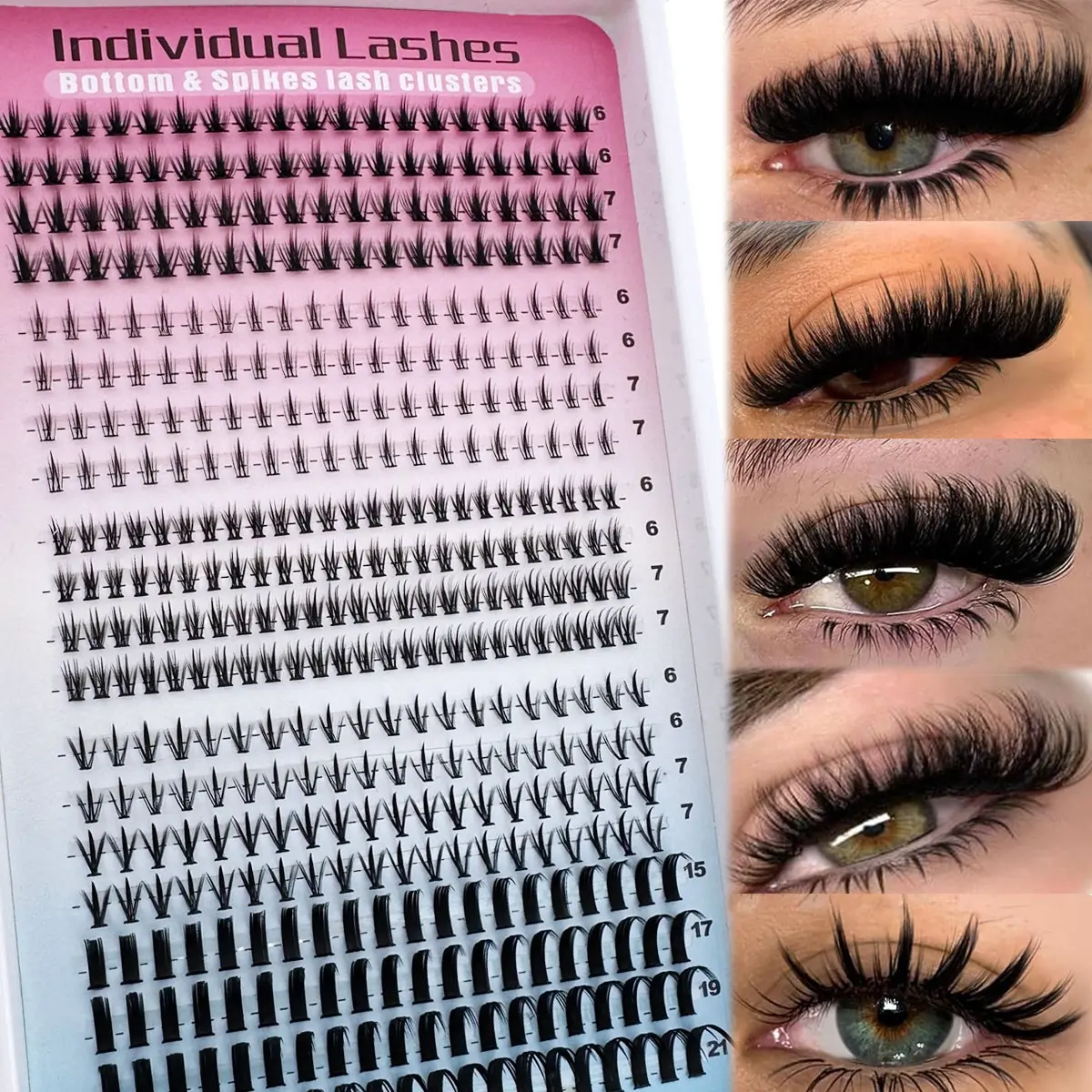5 Styles Bottom Lash Cluster Eyelash Extensions, Wispy Bottom Lashes 6-21 mm D Curl Natural Band Spike Lashes, 416 Pcs Individual Lash Clusters for a Longer-Looking Lash Effect, D Curl Eyelashes, Individual False Eyelashes, DIY Lashes Clusters