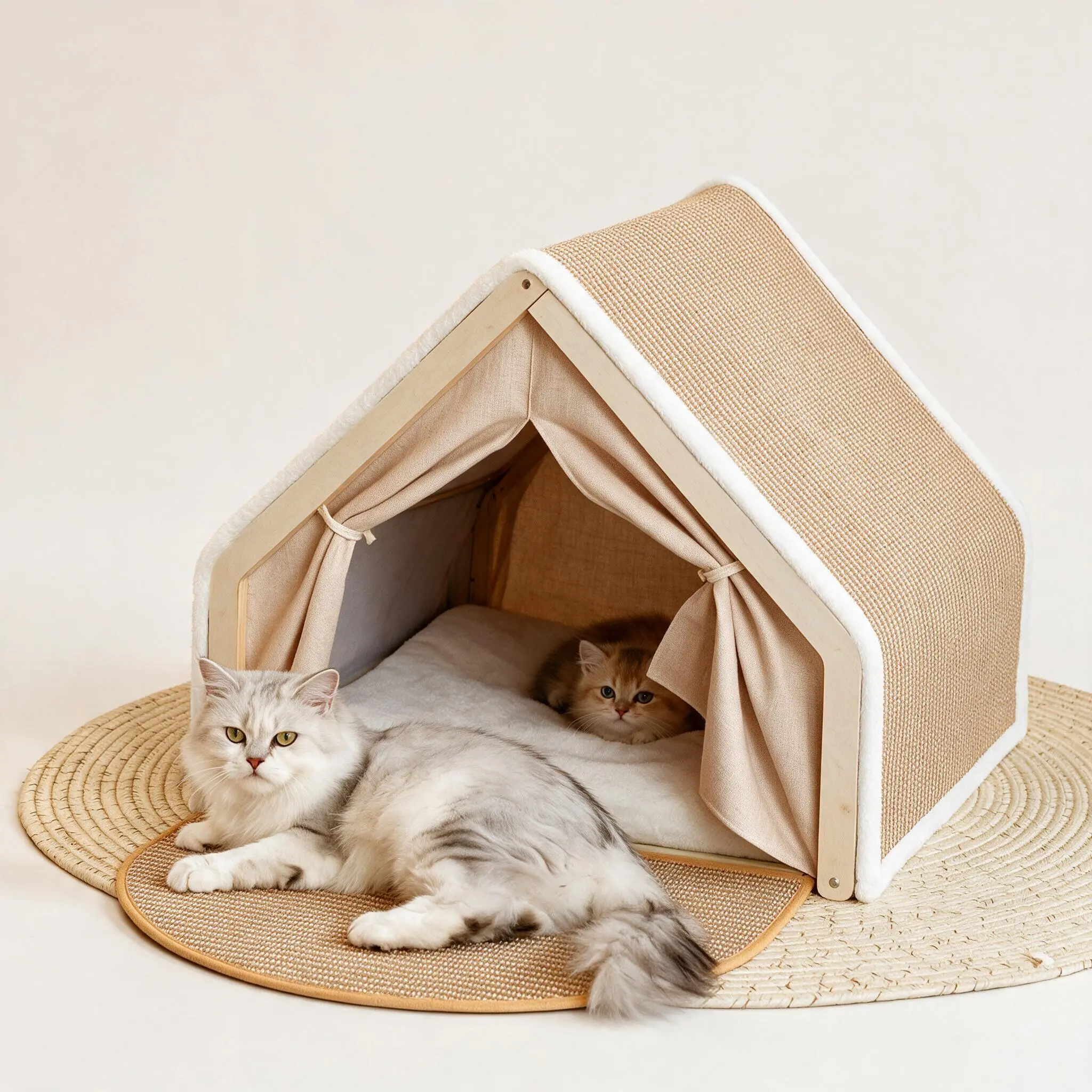 Cat Houses for Indoor Cats - 4 Seasons Cat Bed Cave with Natural Sisal Cat Scratcher Mat, Solid Wood Frame Cat House with Curtains and Cat Floor Scratching Pad Rug, Protect Couch and Carpets
