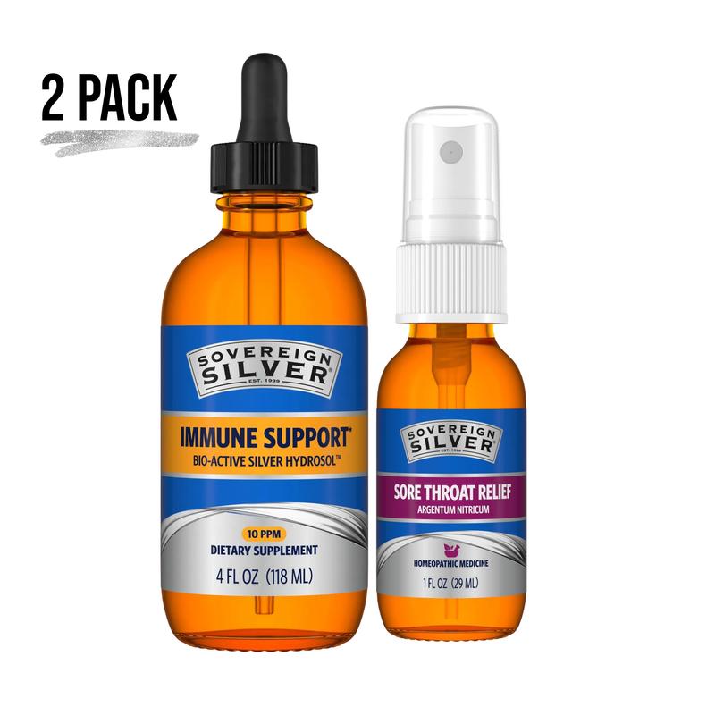 Sovereign Silver Liquid Drops & Sore Throat Relief Spray Bundle, Silver Supplement & Throat Relief