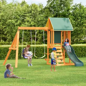 Wooden Outdoor Swing Set 3 in 1 Swing Set outdoor Children's Playset with Slide, 2 Swings and Climber for Garden, Backyard and Playground, Green