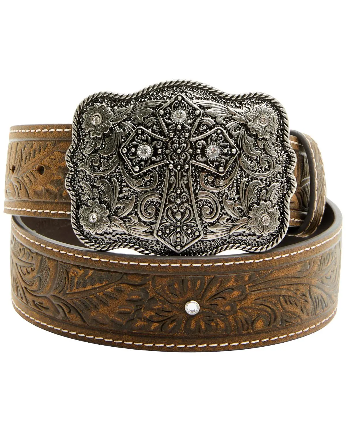 Velez Chunky Gold Leather Cross Stitch Floral Silver Buckle Western Belt S/34 WOMENS BLACK Rose EMBROIDERED Western Cowgirl Cowboy Leather  main image 3