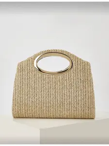 Khaki Woven Women's Bag Multi-functional Crossbody Handbag for Vacation Beach Business Commute Casual Minimalist Style Beach Holiday Essential