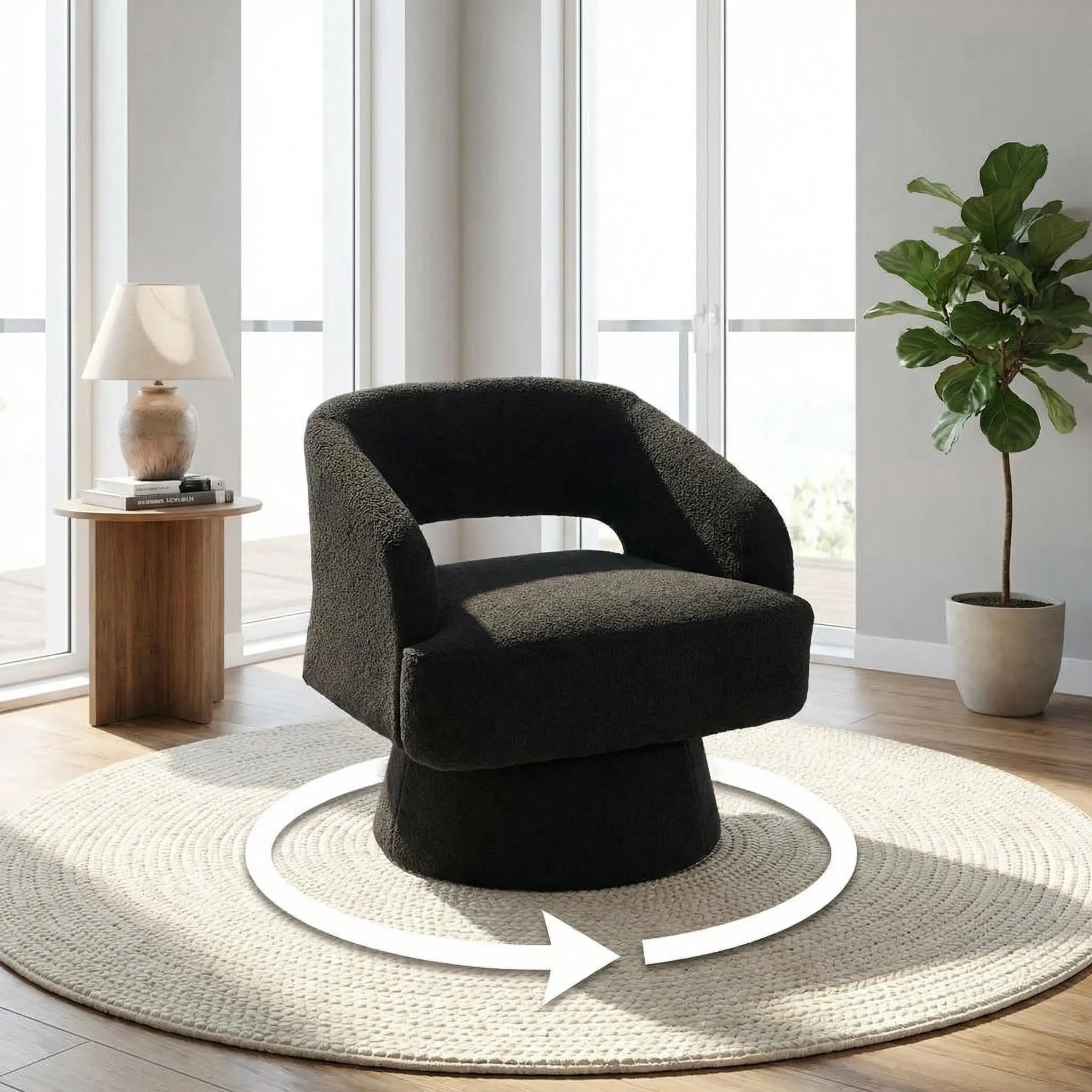 Garvee Swivel Barrel Chair - Velvet Upholstered Modern Armchair with Striped Backrest & Plush Padding, Round Lounge Chair for Living Room, Bedroom (Black-Openwork-(1 Pcs))