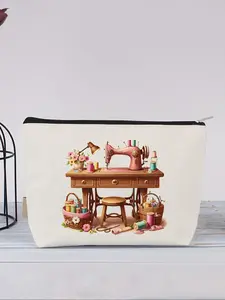 Vintage Sewing Machine Pattern Makeup Bag, Casual Versatile Zipper Makeup Bag, Fashionable Cosmetic Bag for Travel, Business, Fitness