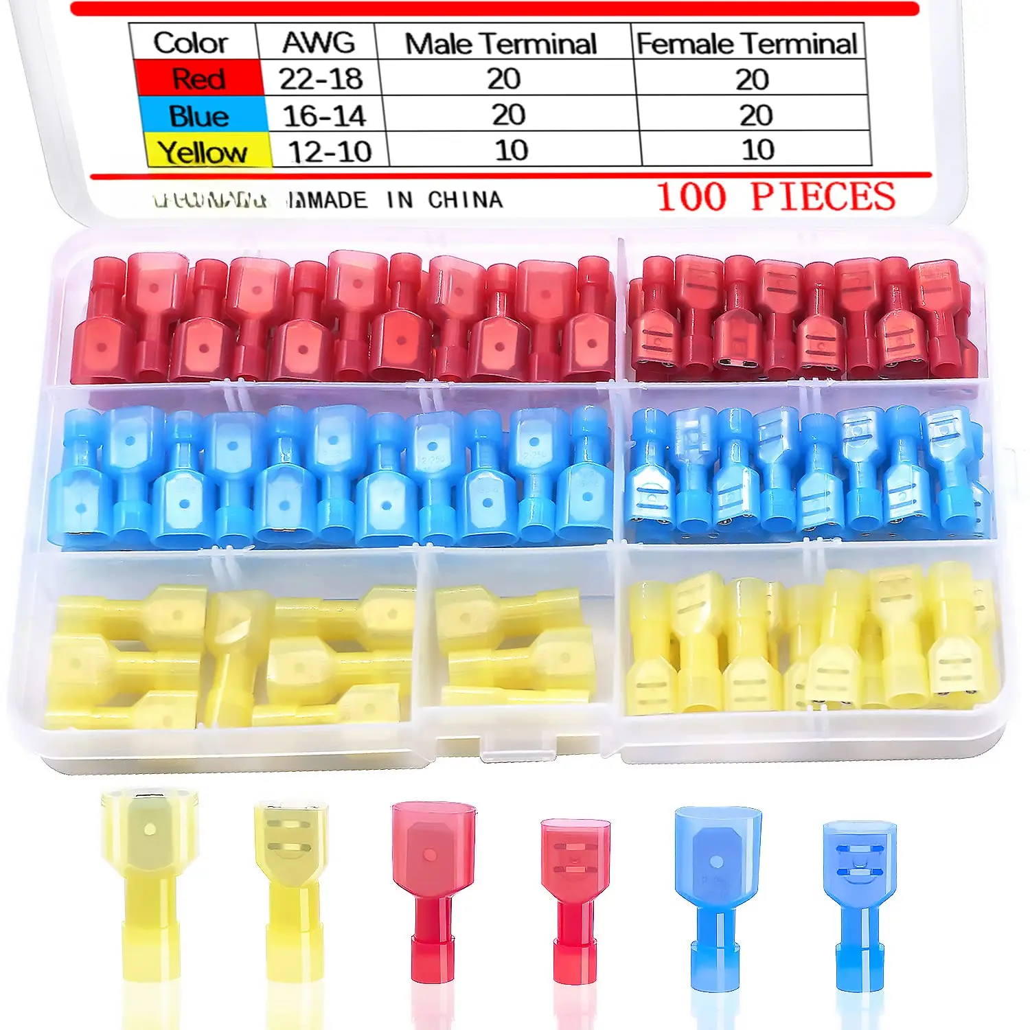 /100PCS Nylon Spade Connectors Kit 22-10 Gauge Male and Female Wire Spade Terminal Quick Disconnect Fully Insulated Wire Crimp Connector for Automotive Marine