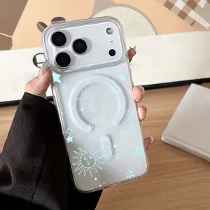1pc Luxury Fashion Sun and Moon Pattern Magnetic Phone Case, supports wireless charging, provides drop protection, and features magnetic adsorption function. Compatible with iPhone 11/17 Pro Max, Galaxy S25/S24/S23 Ultra. Perfect Valentine's Day gift.