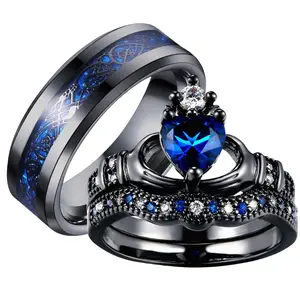 Creative Hot-Selling Heart Ring Black Gold Plated Fashion Colorful Large Zircon Heart-Shaped Ring Wedding Engagement Set Men's Stainless Steel Ring Unique Jewelry Affordable Adjustable Elegant Woman High-End USA Miami Cuban Link Chain