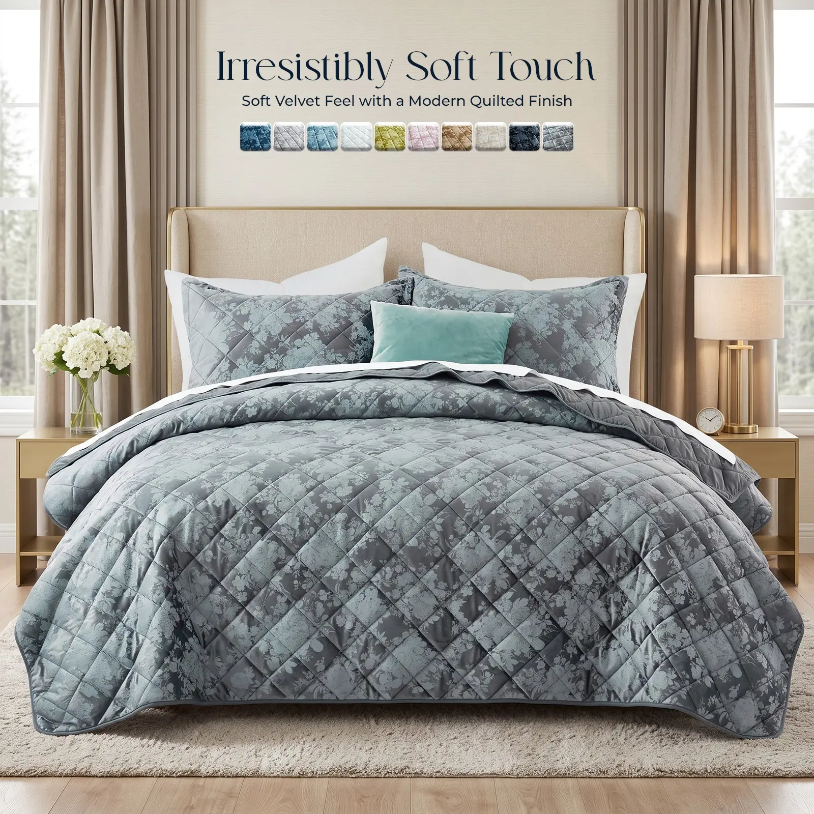 Aesthetic RQ Velvet Quilted Bedspread Set | Soft Embossed Ultrasonic Coverlet | Lightweight All-Season Bedding | Twin (1 Pillow Sham), Queen & King (2 Pillow Shams